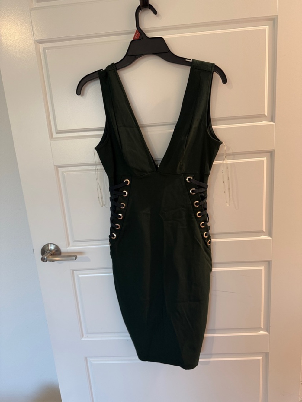 Deep V-Neck Black Lace-Up Bodycon Dress